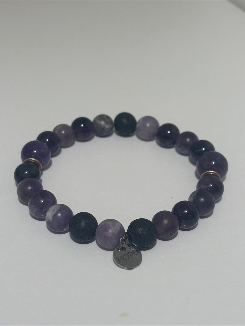 Amethyst Beaded Stretch Bracelet with Lava Stone Charm